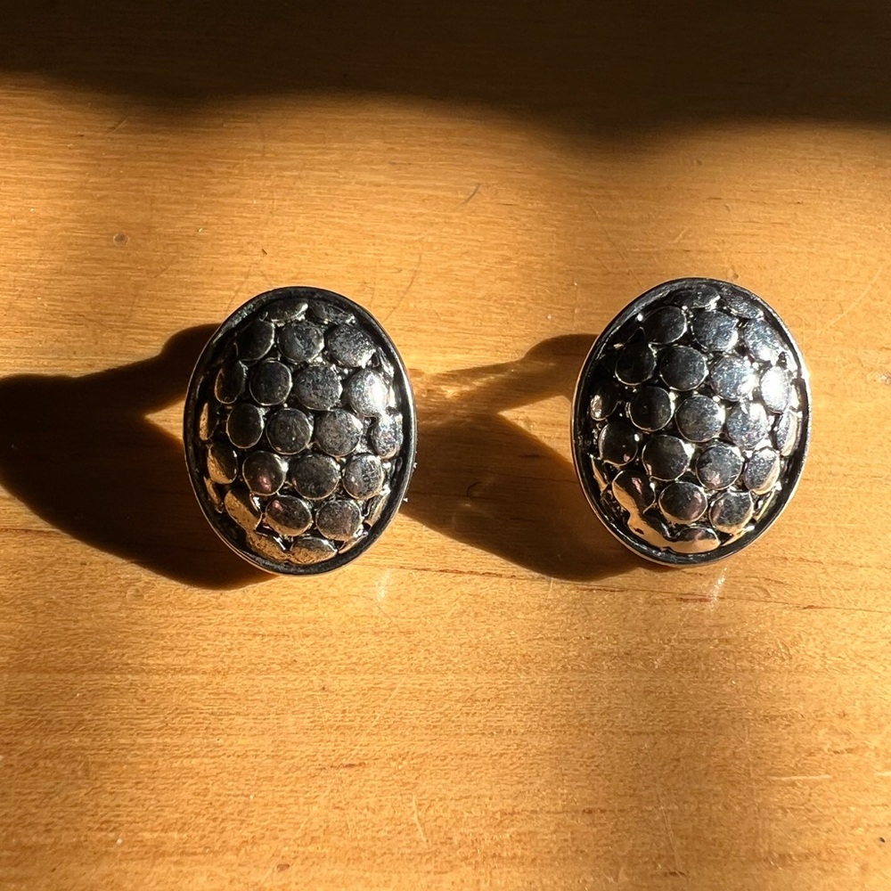 Vintage NAPIER Signed Snakeskin Fish  Texture Shiny Silver Clip Earrings